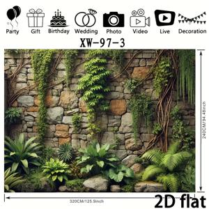 TEMU 2D 플랫 배경 - 8피트 x 6피트 크기의 2D 플랫 배경, 풍성한 아이비와 석조 벽 디자인. 생일 파티, 포토 부스, 야외 행사에 적합합니다. 전원 없이도 튼튼하고 다재다능한 장식입니다.