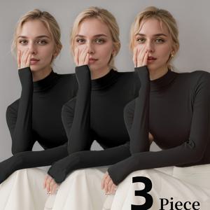TEMU 사계절용 슬림핏 보온 속옷 3종 세트. 긴소매 모크넥 베이스 탑으로 여성 속옷 및 란제리 착용에 적합합니다.