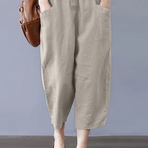 TEMU 여성용 우아한 논스트레치 미드팬츠 - 루즈핏 탄력 있는 허리 캐주얼 바지, 베이지/일상 및 정장용 - 세탁기 사용 가능 비침 방지 팬츠, 편안한 착용감, 휴가복, 일본식 한국 스타일, 기능성 포켓, 단색 디자인, 스타일리시 트라우저, 가벼운 바지, 다용도 여성용