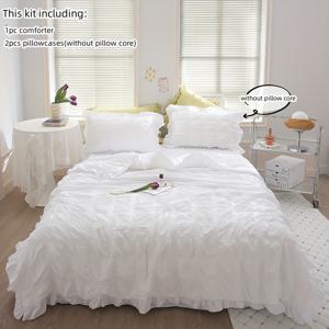 TEMU 3피스 버블 얀 여름 에어컨용 이불 화이트, 옐로우 & 그린 체크 레이스 컴포터와 베개커버 세트