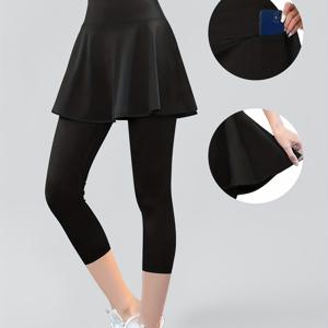 TEMU 여성용 하이웨이스트 카프리 레깅스 - 사이드 포켓, 고신축성 솔리드 컬러 스커트, 기계 세탁 가능, 캐주얼 & 데일리 웨어, 봄 여름 가을용, 편안한 소재의 다목적 팬츠