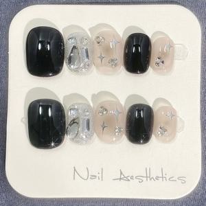 TEMU 10개 럭셔리 쇼트 오벌 프레스온 네일 - 광택 있는 블랙 & 누드 라인스톤 악센트, 여성용 핸드메이드 인조네일, 파티 웨딩 일상용 쉬운 적용 재사용 가능 네일 아트, 결혼식 네일 아트 | 광택 마감 네일 | 화려한 네일 스타일, 네일 액세서리