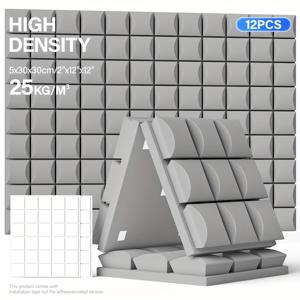 TEMU [25Kg/M³] 버섯 머리 방음 폼 단열 패널 (12개입) | 12X12X2인치 어쿠스틱 패드 | 게임 룸, 홈 시어터, 사무실 소재용 방화 소음 감소 - 양면 테이프로 빠른 설치 (회색/검정색/흰색/파란색)