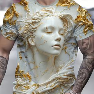 TEMU 남성용 골든 마블 프린트 티셔츠 - 스타일리시한 반팔, 캐주얼 크루 넥, 가벼우면서 통기성 좋은 원단, 여름에 완벽, 일상용 티셔츠|예술적인 프린트 티|편안한 핏