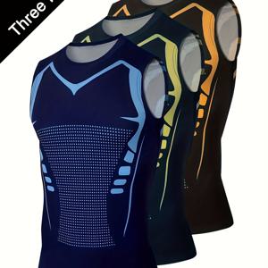 TEMU [Shule Water OBM] 3pcs 세트는 남성용 민소매 조끼를 위한 프린트 디자인을 특징으로 하며, 탄성과 통기성이 뛰어나며, 러닝, 피트니스 및 야외 활동에 이상적이며, 흡습성 컴포트를 제공합니다.