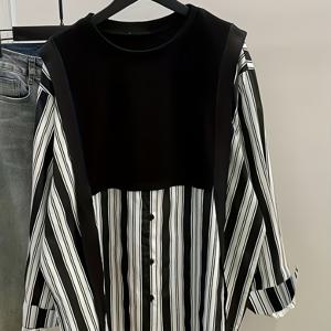 TEMU 여성용 블랙 & 화이트 대비 칼라 풀오버 스웨트셔츠 - 세탁기 사용 가능 캐주얼 봄/가을 탑, 논스트레치 편안한 핏, 반공식 의상 | 시크 트윈셋 | 부드러운 질감 원단