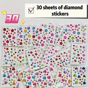 TEMU DIY 공예용 30개 미니 라인스톤 스티커 세트 - 자체 접착 모양(하트, 별, 꽃), 네일 아트 및 얼굴/몸 장식용 - 반짝이는 아크릴 라인스톤, 보석 만들기, 헤어 액세서리, 홈 크래프트 용품