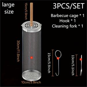 TEMU 손잡이가 달린 바베큐 케이지 3개 세트. 304 스테인리스 스틸 재질이며, 내열성 디자인 특징. 휴대용 야외 그릴 필수품으로, 원형 화로 요리 케이지가 포함되어 있으며 캠핑 바베큐에 적합합니다. 세트에는 H형 그릴이 포함되어 있습니다.