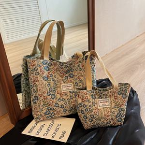 TEMU 2개 세트 여성용 대형 캔버스 토트백 - 달콤한 플로럴 프린트, 내구성 좋은 출퇴근 & 대학용 지퍼 클로저, 세탁기 사용 가능, 핑크/블루, 일상용, 학교, 선물, 튼튼한 핸들 백|토트백