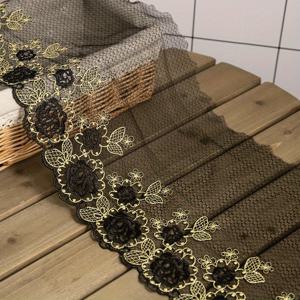 TEMU DIY 드레스, 치파오 스커트, 파자마용 꽃과 잎 무늬가 있는 금색 실 자수 블랙 레이스 원단 1야드