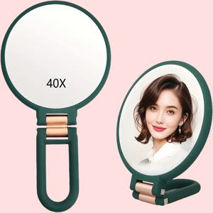 TEMU 1x40x 이중면 확대 핸드 미러, 조절 가능한 스탠드 - 여행, 화장대, 욕실 사용에 이상적, 미용 필수품 | 컴팩트한 디자인 | 내구성 있는 플라스틱 프레임, 메이크업 미러|돋보기