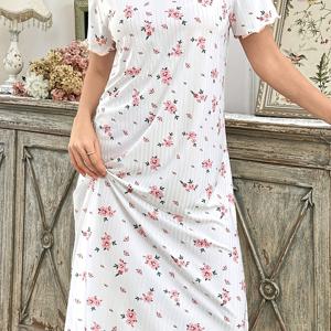 TEMU 여성용 캐주얼 리브드 플로랄 루즈핏 반팔 나이트가운