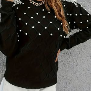 TEMU 여성용 우아한 비즈 스웨터 - 슬림핏 긴팔 라운드넥 풀오버, 블랙 & 클리어 비즈, 사계절 럭셔리 스웨터, 캐주얼 & 포멀 이벤트용, 손세탁 가능 (단색, 베이지/블랙/네이비/그레이) - 다용도 일상 & 특별한 날 착용