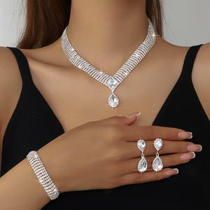 TEMU 신부 사진 촬영 액세서리 웨딩 주얼리 반짝이는 라인스톤 V자형 목걸이, 팔찌, 귀걸이 세트.