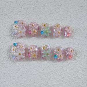 TEMU 고급 컬러풀 꽃 핸드메이드 인조 네일 10개 세트, 짧은 손톱 장식 패치