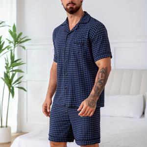TEMU 두 개의 세트, 남성용 체크무늬 프린트 반팔 가디건 파자마 의상.|여름잠옷