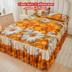 TEMU 황금 해바라기와 나비 프린트 침대 스커트 세트 3개, 1개의 맞춤형 시트 + 삽입물 없는 베개 커버 2개, 끈 조절 가능한 디자인과 부드러운 레이스 트림, 주름진 밑단, 매트리스 보호 커버로 침실 분위기를 향상시키는 쉬운 제거 방식