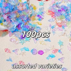 TEMU 새로운 야광 바다 장식 세트 100개입 - 미니 반짝이는 불가사리와 인어 꼬리, 네일 아트, 휴대폰 케이스 및 주얼리 공예 비즈 모음에 적합.