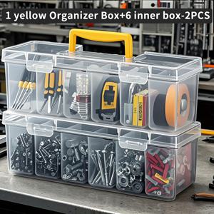 TEMU 뚜껑이 있는 투명 도구 보관함 2개 세트, 작은 칸막이 6개 포함 - 나사, 줄자, 드라이버 및 기타 하드웨어 액세서리 수납에 적합. 가정용 수리, DIY 프로젝트 및 작업실 정리에 이상적인 책상 & 서랍 정리함|줄자