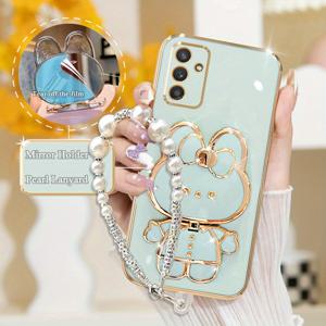 TEMU 삼성 갤럭시 S24 S25 플러스 Fe 충격 방지 보호 TPU 스탠드 커버 S24Plus S25Plus S24Fe용 고급 도금 케이스 1개, 거울 접이식 홀더 1개, 진주 넥스트랩 1개