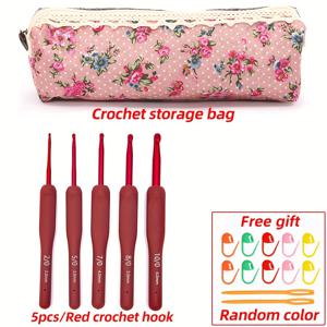 TEMU 5/9개 레드 소프트 핸들 크로셰 훅 보관 가방 금속 뜨개질 도구 세트 니트/스웨터 직조 후크 슬리퍼 어린이 장난감 스카프 장갑 - 패브릭 애호가를 위한