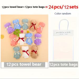 TEMU 24개 귀여운 곰돌이 타월 선물 세트 (투명 가방 & 리본 포함) - 결혼식, 생일, 어머니날, 크리스마스 파티 선물용 | 12개 곰돌이 타월 + 12개 토트백 | 컬러 믹싱 디자인 | 선물 포장|토트백