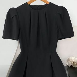 TEMU 세련된 클래식 블랙 라운드넥 반팔 여성 셔츠, 핏 좋은 허리 라인.|반팔블라우스