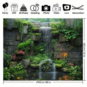 TEMU 1개 폭포 & 녹색 폴리에스터 배경 배너 - 풍부한 돌벽 디자인과 잎사귀, 내구성 있는 주름 방지 원단으로 사진 촬영, 라이브 스트리밍, 결혼식, 파티용 - 실내/외 장식, 전기 필요 없음, 조화로운 장식, 쉬운 걸이 디자인