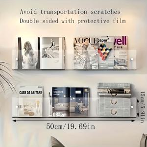 TEMU 벽걸이 부유형 아크릴 잡지 및 책장 - 현대적인 투명 디스플레이, 사무실, 거실, 유아실에 적합 - 잡지, 책, 브로셔, 사진, 장식용 수납 선반, 공간 절약형 책장