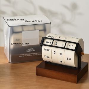 TEMU 2025 신형 레트로 기계식 회전 바퀴 영구 달력 - 솔리드 우드 베이스, 월별 & 일자 표시기, 사무실 및 홈 데코용 우아한 책상 정리함, 천연 목재 마감|달력|달력|캘린더