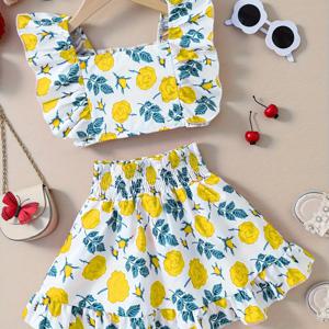 TEMU 여아용 플로럴 민소매 러플 탑 & 피티드 스커트 세트, 여름 야외 활동에 완벽|아기한복