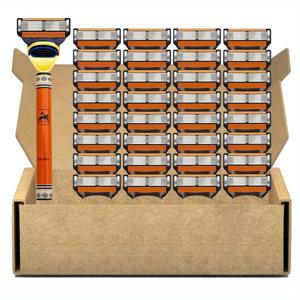 TEMU 1 손잡이+32날/고급 6층 면도기 세트, 금속 미끄럼 방지 핸들, FUSIO 호환 가능 6층 면도날, 수염 및 옆머리에 적합