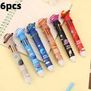 TEMU 6개입 우주 행성 텐 컬러 볼펜, 10색 한자루, 부드러운 필기감, 선명한 글씨, 사무용 및 학습용, 쓰기·그리기·표시용