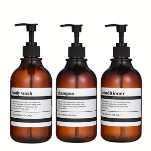 TEMU 3pcs 우아한 블랙 앤 화이트 플라스틱 욕실 디스펜서 세트 - 샴푸, 컨디셔너, 바디 로션, 바닥에 서서, 전기 없이, 쉽게 식별할 수 있는 라벨이 달려 있습니다, 욕실용