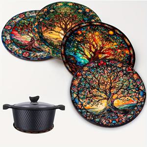 TEMU 생명의 나무 만다라가 특징인 나무 내열 코스터 4개 세트 - 주방, 테이블, 조리대 및 뜨겁게 식힌 음식에 적합한 다기능 미끄럼 방지 매트, 가정, 사무실, 파티 및 휴일에 완벽합니다.