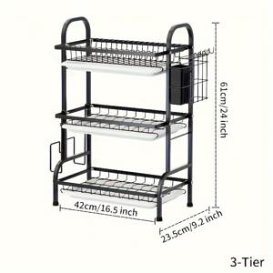 TEMU 3단 스테인리스 주방 정리대 - 배수 시스템 내장, 대용량 컵·접시·식기 보관함, 세련된 메탈릭 디자인, 공간 절약형 소형 주방용, 효율적인 수납 설계