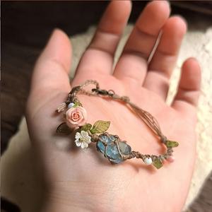 TEMU 핸드메이드 터키석 스톤 팔찌 - 블루그린 비즈 & 핑크화이트 플로럴 참, 4월 탄생석, 캐주얼 의상, 마르디그라/카니발 선물, 중국 설날 액세서리 (금속 도금 없음), 청소년용