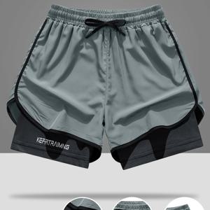 TEMU 남성용 이중 레이어 속건 스포츠 반바지 (포켓 포함) - 'KEAPTIANG' 프린트, 드로스트링 허리 밴드 디자인, 및 블랙 색상으로 제공, 여름 스포츠 및 야외 활동에 적합. 캐주얼 스포츠 반바지 | 스타일리시한 액티브웨어