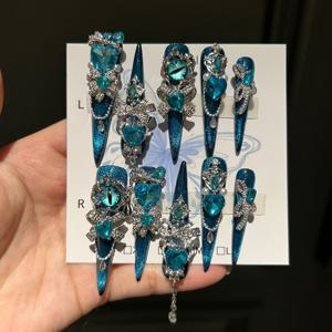 TEMU 10개입 핸드메이드 웨어링 아머 할로윈 엑스트라 롱 샤프 블루 스파클링 캣 아이즈 고급스러운 빛나는 글리터 헤비 인더스트리 네일아트 봄/여름 탈부착 가능 매니큐어