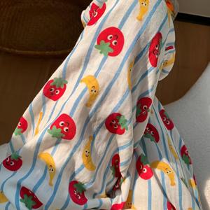 TEMU 여성용 탄성 허리 밴드 와이드 레그 팬츠 - 토마토 및 바나나 프린트, 가벼운 폴리에스테르, 편안한 모든 계절의 디자인, 컬러풀한 만화 디자인, 귀여운 팬츠