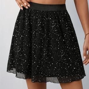 TEMU 우아한 하이웨이스트 글리터 메쉬 스커트 - 폴카 도트 디자인, 신축성 있는 폴리에스터, 봄/여름/가을에 완벽한 여성 패션 스커트, 반짝이는 디테일, 봄 여름 패션 | 반짝이는 디테일 | 통기성 있는 원단