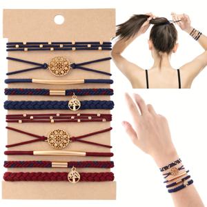 TEMU 10개 헤어 타이 팔찌, 두꺼운 & 얇은 머리용 보호 헤어 타이, 귀여운 스트레치 브레이슬릿, 포니테일 홀더용 꼰 헤어 타이, 5가지 스타일의 손상 없는 헤어 타이, 블루