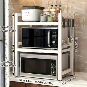 TEMU 2단 3단 주방 선반 (6개 후크 포함) | 다기능 확장형 전자레인지 선반, 다단 오븐 조리대 수납 랙, 물품 보관 랙, 높이 조절 가능, 금속, 골든 튜브 포함, PMMJ 브랜드, 다용도 랙