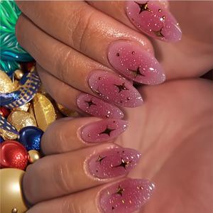 TEMU 24개 스타 글리터 프레스온 네일 - 짧은 아몬드 중간 길이, 핑크 & 브라운 옴브레 골든 스타, 광택 탈부착 인조 손톱, 여성용 파티 액세서리, 휴일 및 특별한 날