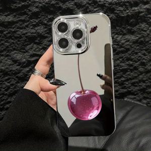 TEMU 아이폰 16 프로 맥스/16E/15 프로/14 플러스/13/12/11 프로용 체리 패턴 미러 폰 케이스, 충격 방지 내구성, 패션 디자인, 럭셔리 보호 커버