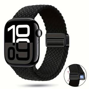 TEMU 애플워치 시리즈 10 46mm, 42mm/시리즈 9/8/7/6/5/SE/3 45mm, 44mm, 41mm, 40mm용 스테인리스 스틸 자석 버클 스프링 밴드와 맞는 직조 나일론 탄성 솔로 루프 스트랩