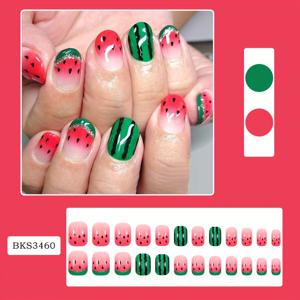 TEMU 24개 여름 수박 네일 스티커 - 그린 & 레드 슬라이스 글리터 프레스온 네일, 오벌 숏 핸즈&풋용 젤리 젤 접착제 포함, 수박 테마 매니큐어, 쉬운 적용, 패션 애호가를 위한 패키지