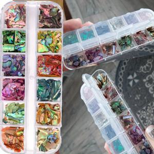 TEMU 12-구획 3D 혼합 불규칙 아발론 쉘 네일 아트 플레이크 - 천연 바다 조개 슬라이스, 매니큐어 & 페디큐어용 반짝이는 무지개빛 시퀸스, 아크릴 보관함 포함, 페디큐어 액세서리