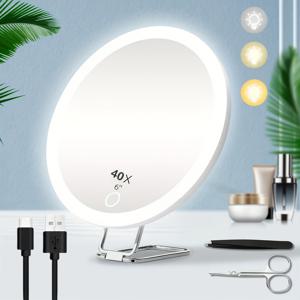 TEMU 40X LED 조명 돋보기 (스탠드, 가위, 핀셋 포함), 회전 조절 기능. 여행용 확대 메이크업 거울, 6인치 휴대용 메이크업 거울, 걸이형 확대경, 충전식 포켓 마이크업 거울 포함|돋보기