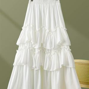 TEMU 여성용 우아한 화이트 리플 티어드 미디 스커트 - 하이 웨이스트 A라인 롱 스커트, 레이어드 리플 헴, 플로우디 디자인, 봄/여름/가을에 완벽한, 계절 패션 | 리플 헴 스커트 | 플로우디 원단